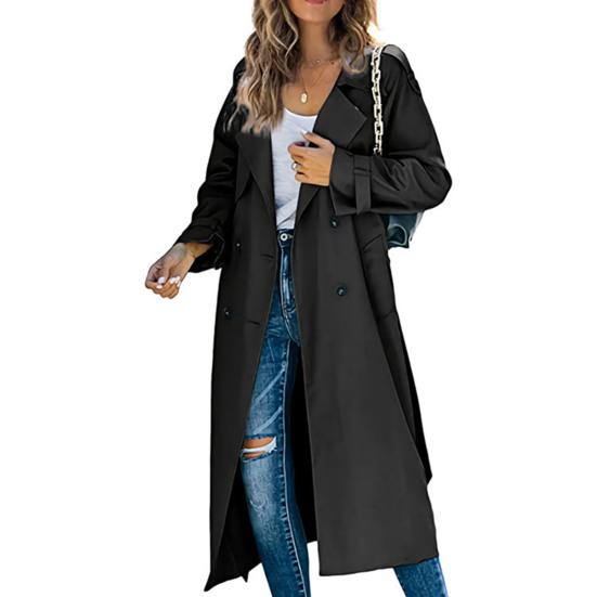 Women Autumn Classic Double Breasted Long Trench Jacket with Belt Female Solid Color Lapels Long Sleeve Pockets Windbreaker Coat