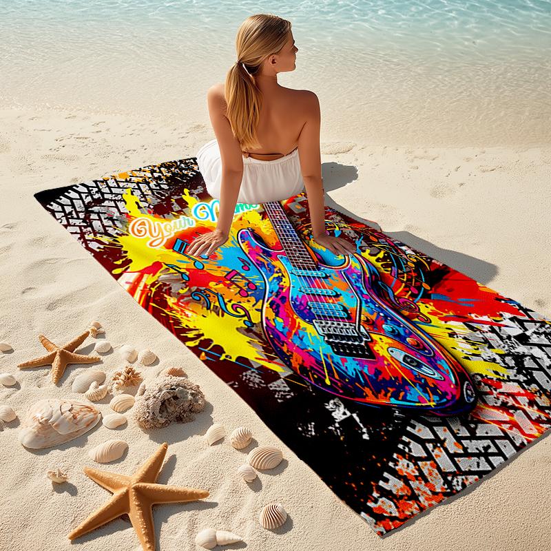 1PC Custom Name Colorful Guitar Artwork Beach Towel Highly Absorbent And Sand-Resistant Towel for Swimming, Pool, Yoga, And Travel Lightweight