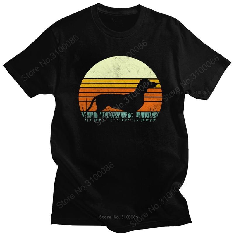 Unique Unisexs Dachshund Tshirt Short Sleeve Cotton Tshirt Leisure 70s Vintage Retro Sunset Dog Tee Shirt Loose Fit Tops Clothing
