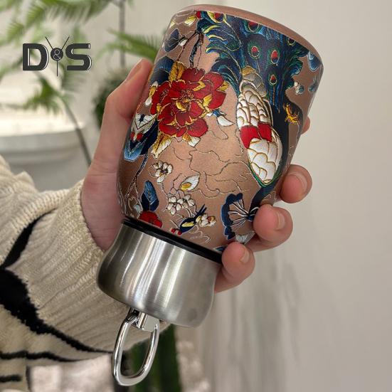 Vakuová termoska s motivem páva, nerezová, vintage květinová, 300 ml, dvoustěnná izolace, skleněná čajová konvice s víčkem proti úniku