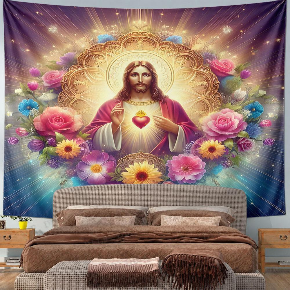 "Jesus Sacred Heart with Floral Halo Design" Pattern Wall Hanging Tapestry Decorative Tapestry Home Decor for Bedroom and Living Room