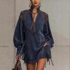 Elegant British Style Long Sleeve High Neck Suede Dress For Casual And Party Wear
