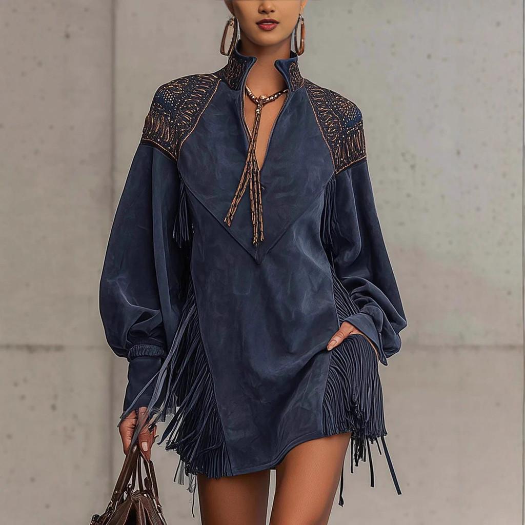 Elegant British Style Long Sleeve High Neck Suede Dress For Casual And Party Wear