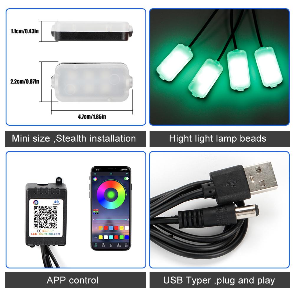 OKEEN 4PCS Car Atmosphere Led Foot Light USB Lighter APP Control RGB Multiple Modes Auto Interior Ambient Decorative