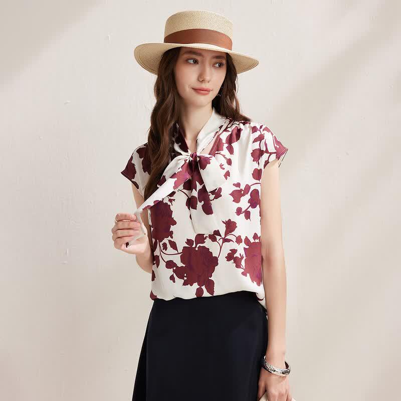 Zhaojun Women's Floral Print Mulberry Silk Tie-Neck Blouse