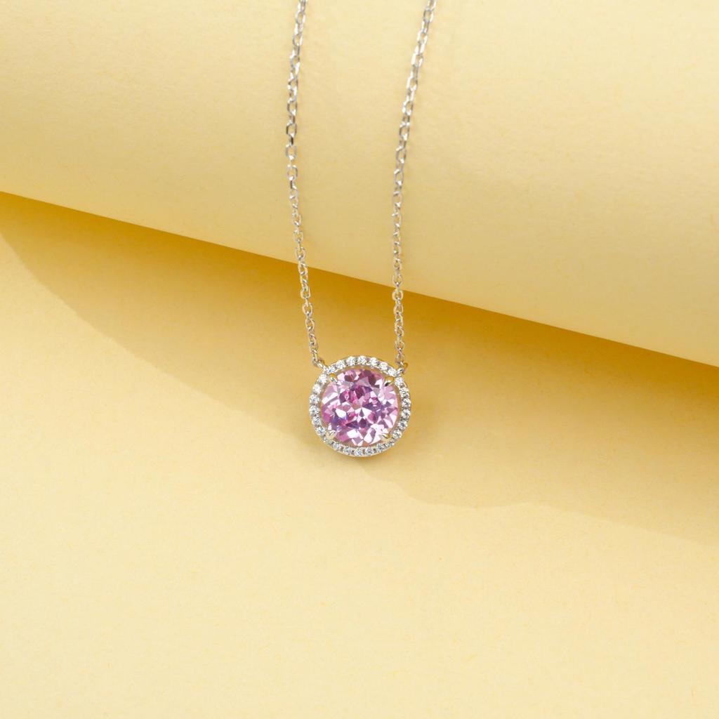 S925 Sterling Silver Diana-Style Pink Sapphire Halo Necklace - Elegant Anniversary Gift for Women