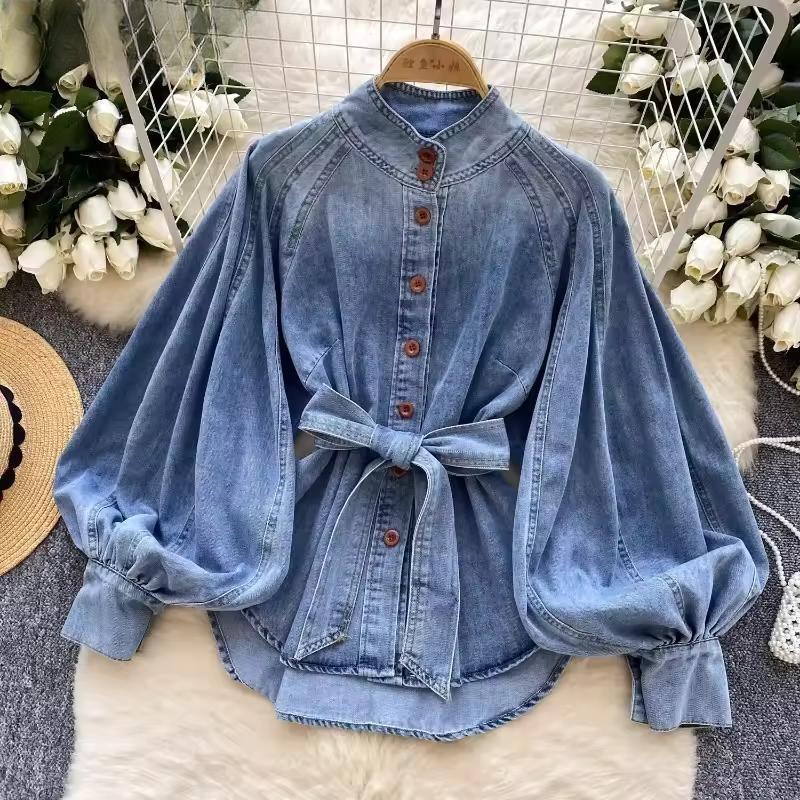 Denim Hemden&Blusen Damen Oberteile Herbst Frühling Laternenärmel Retro Einfarbig Stehkragen Bindegürtel Schick Camisas