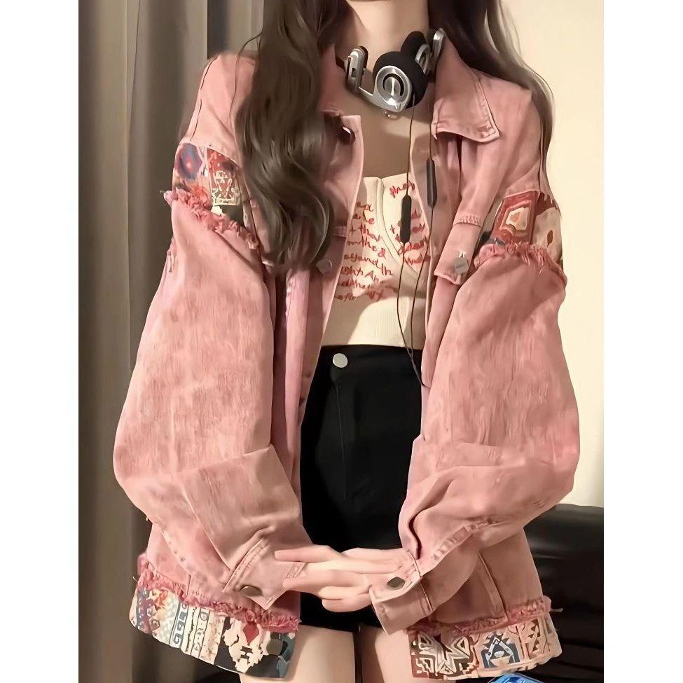Women's Spring & Autumn 2025 Dirty Pink Washed Patchwork Denim Jacket