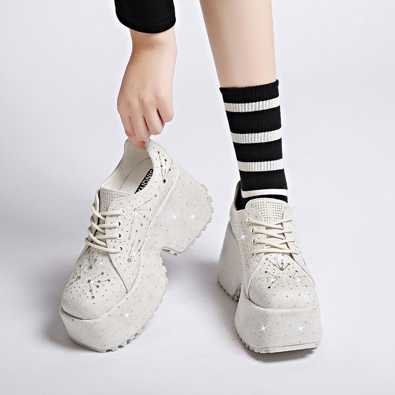 Small Height-enhancing Shoes for Women, Fashionable, Star-studded Rhinestones, Autumn Thick-soled, Light Luxury Low-top Shoes