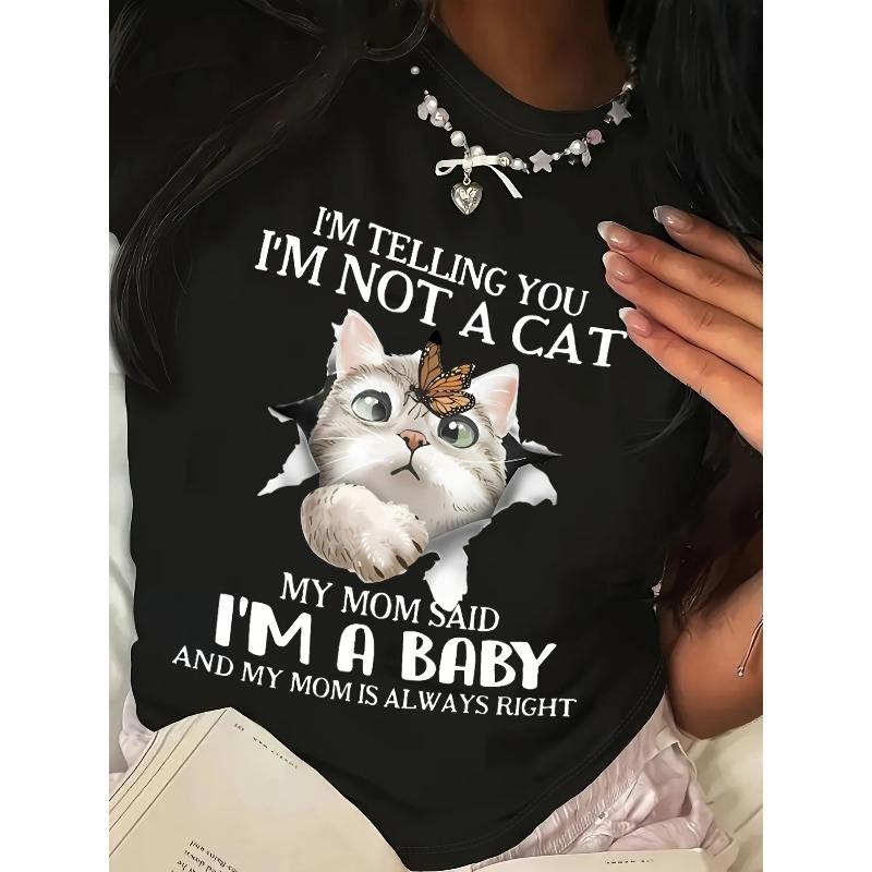 Casual Crew Neck T-Shirt with Whimsical Cat Graphic, Polyester Fabric, Animal Pattern, Regular Length, All-Season - Humorous Feline Print Tee