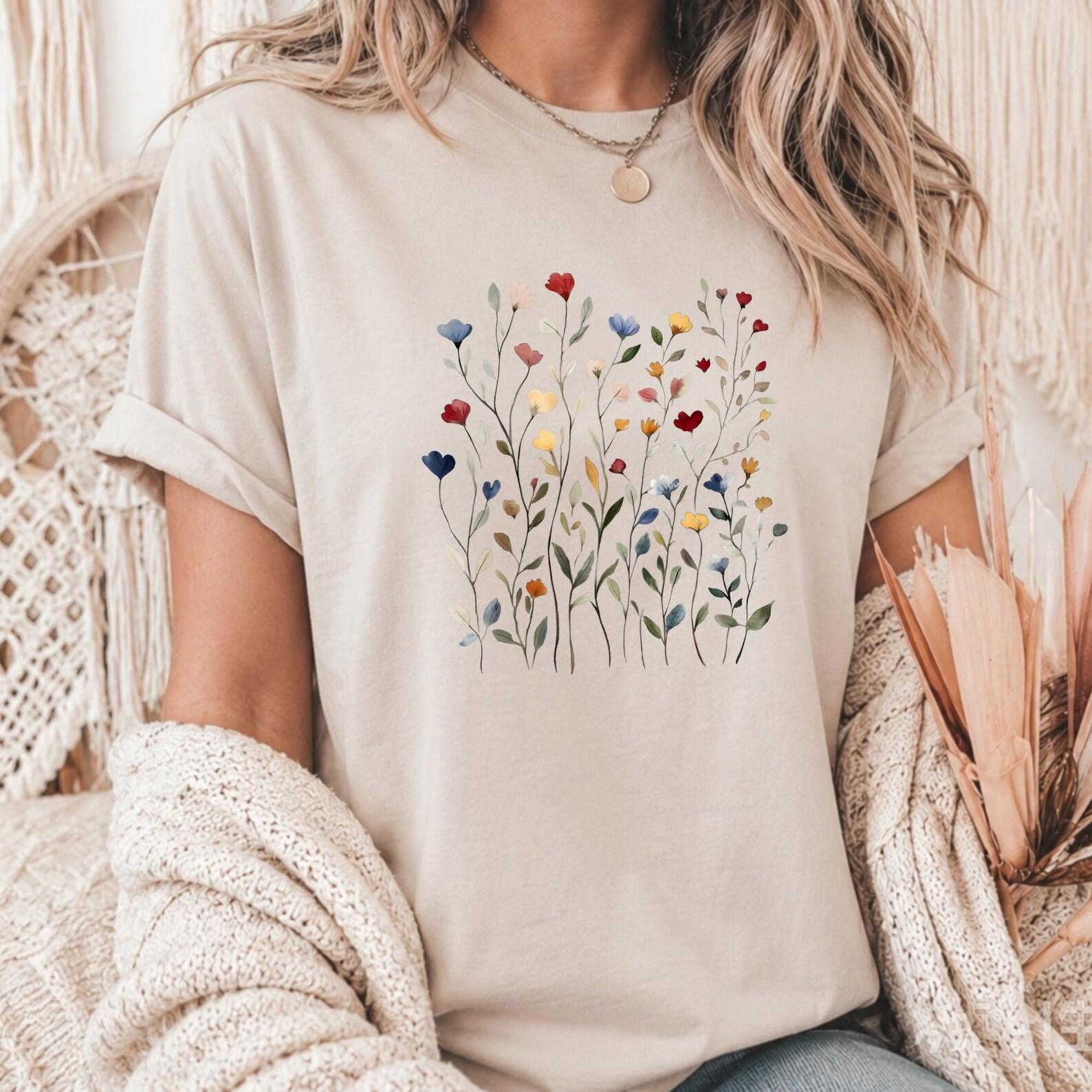 Watercolor Wildflower Graphic Tee, Boho Floral Print Casual Top, Minimalist Botanical Flower Shirt, Spring Nature Garden Lover Tee 2XL