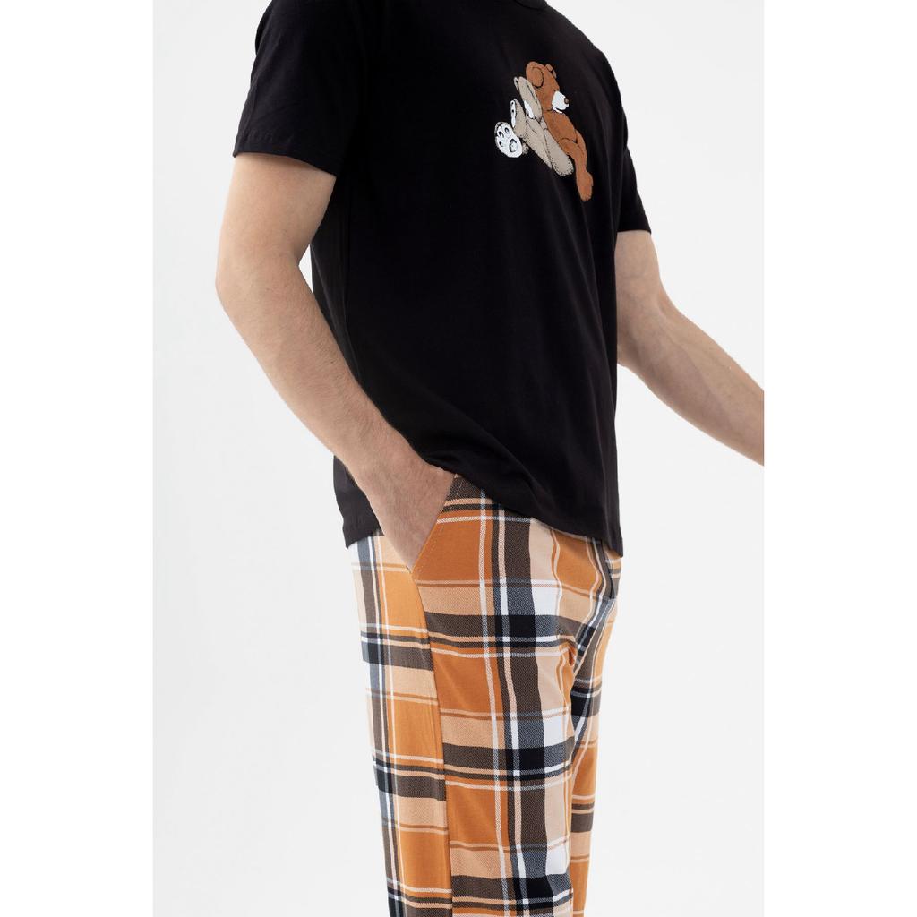 Men's Short Sleeve Cotton Plaid Patterned Teddy Bear Printed Pajama Set