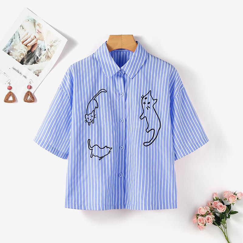 ZANZEA Women Turn Down Collar Loose Casual Short Sleeve Stripe Blouse