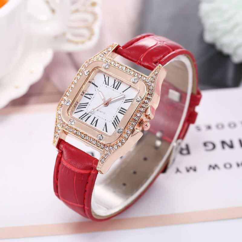 Stylish Square Red Rhinestone Ladies' Quartz Watch - High-Quality Fashion Trend Timepiece