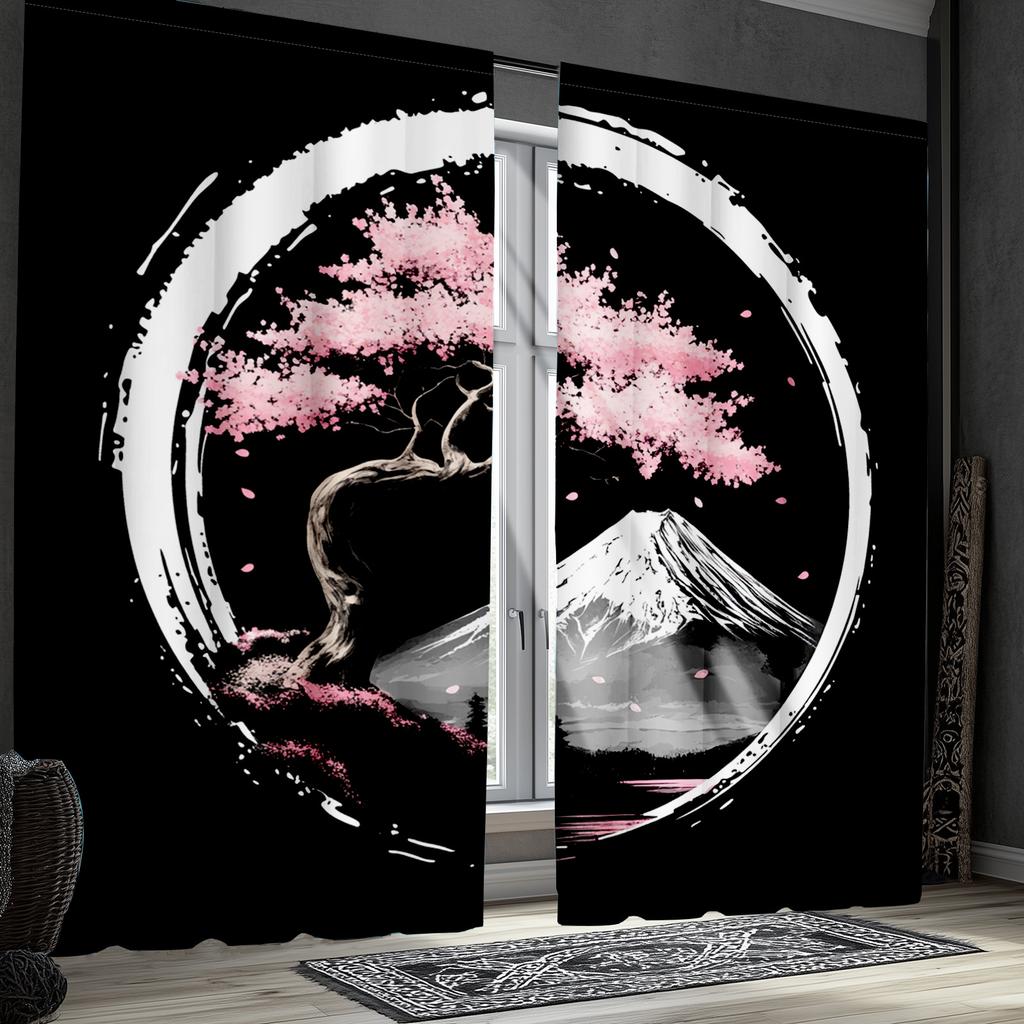2pcs Classic Japanese Style Polyester Bedroom Curtains   Mount Fuji & Sakura Cherry Blossom Print with Wave Design   Elegant Home