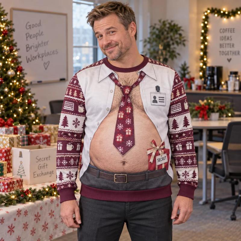 Office Tie Dad Bod Ugly Christmas Sweater Men 3D Print Polyester Crewneck Sweatshirt Funny Holiday Party Pullover