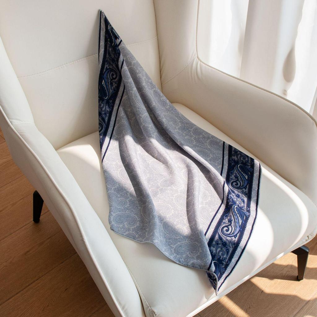 High-End Chinese Blue Silk & Wool Scarf with Celadon Print - Hand-Rolled, Square Neck Tie & Shawl