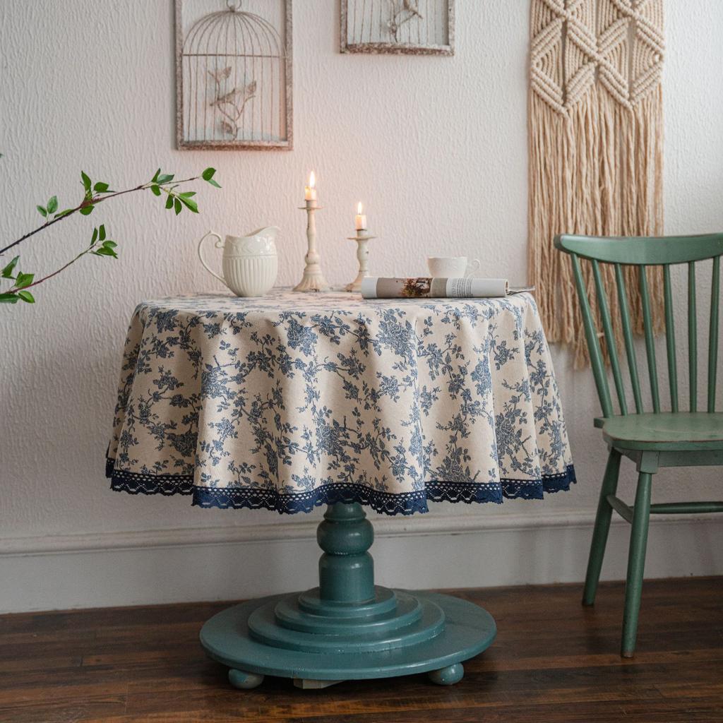 Tablecloth Blue Rose Print Dining Table Cloth Round Fabric Retro Small Round Table Suitable for Holiday Dining Rooms,  Picnics, Outdoor Camping