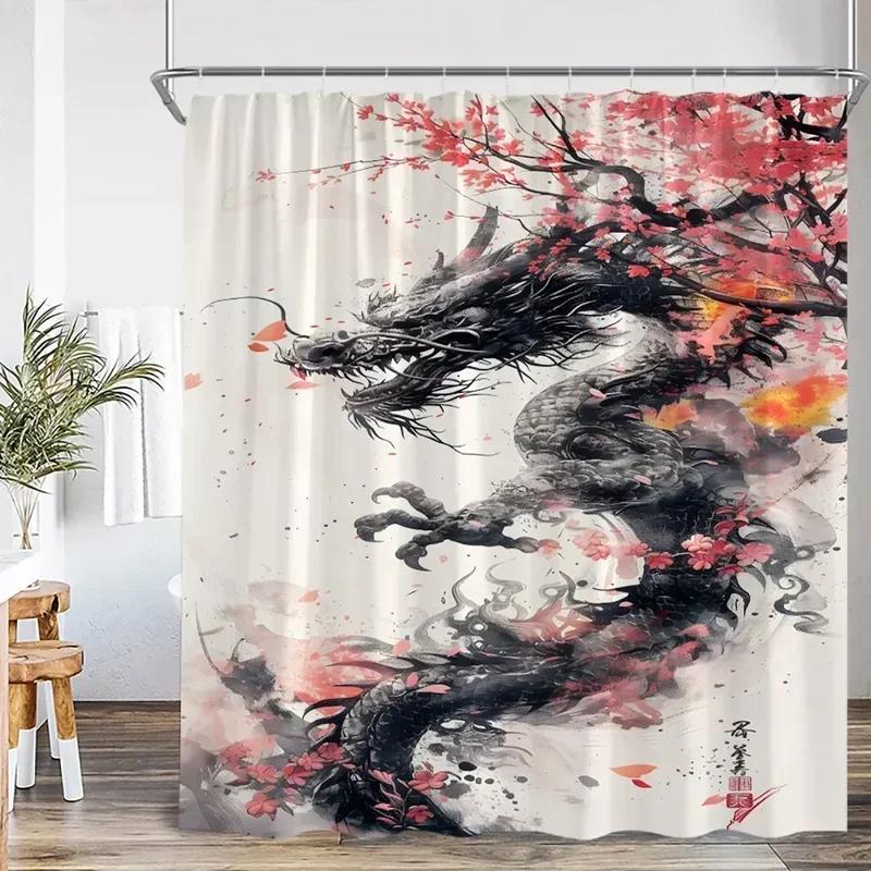 Ink Painting Shower Curtain Chinese Asian Style Cherry Blossom Japanese Woman Classical Bathroom Decor Polyester Bath Curtain