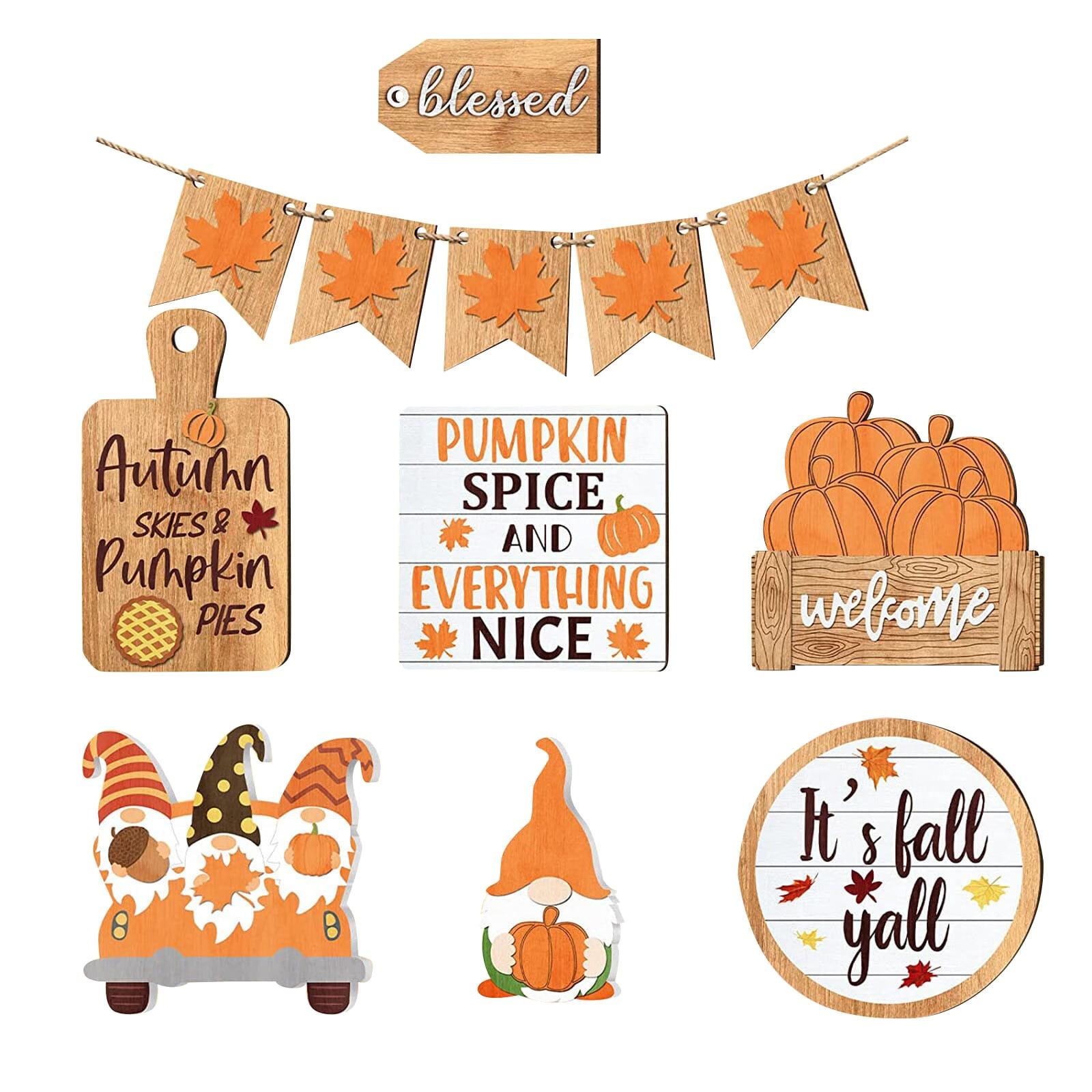 

Multi-Piece Fall Tiered Tray Decor Set Thanksgiving Maple Fall Antique Wood Bead Decor Tabletop Sign Halloween Decor One Size