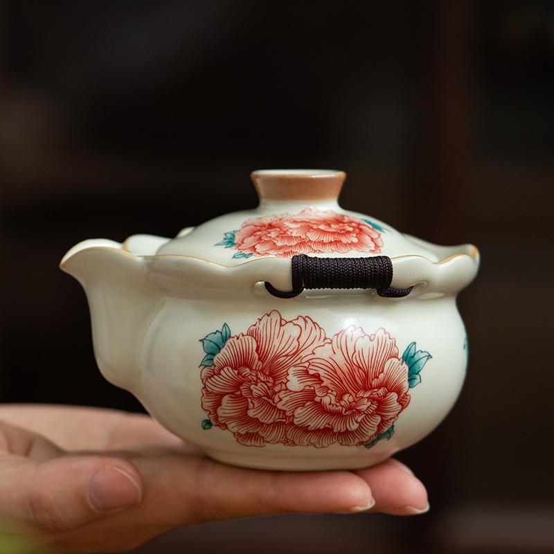 Large Ceramic Peony Teapot with Hand-Grip - Anti-Scald Kung Fu Tea Set for Household