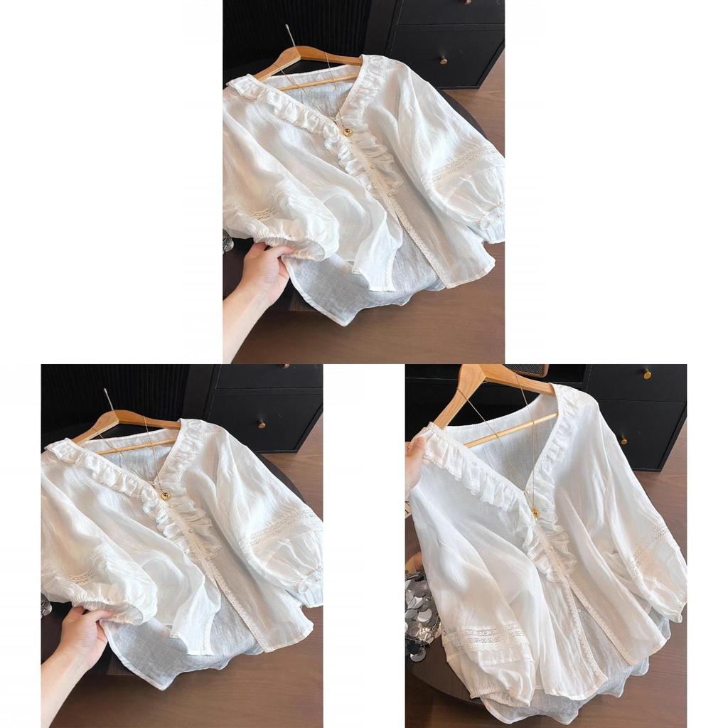 Summer Blouse With Ruffled Lace Trim Vneck Long Sleeve For Women