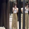 Women's Plaid Patchwork Khaki Wide-Leg Pants - Spring Loose Fit, Straight-Leg, Floor-Length