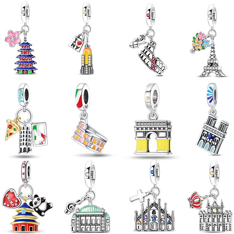 Original 925 Silver Travel Charm New York Rome Vienna Pendant Landmark Building Pendant Fit Bracelet Fine DIY Jewelry