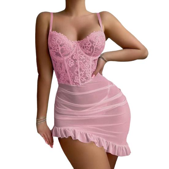 Sexy Lace Sheer Babydoll Dress for Women See Through Chemise Mesh Nightgown Mini Dress Spaghetti Strap