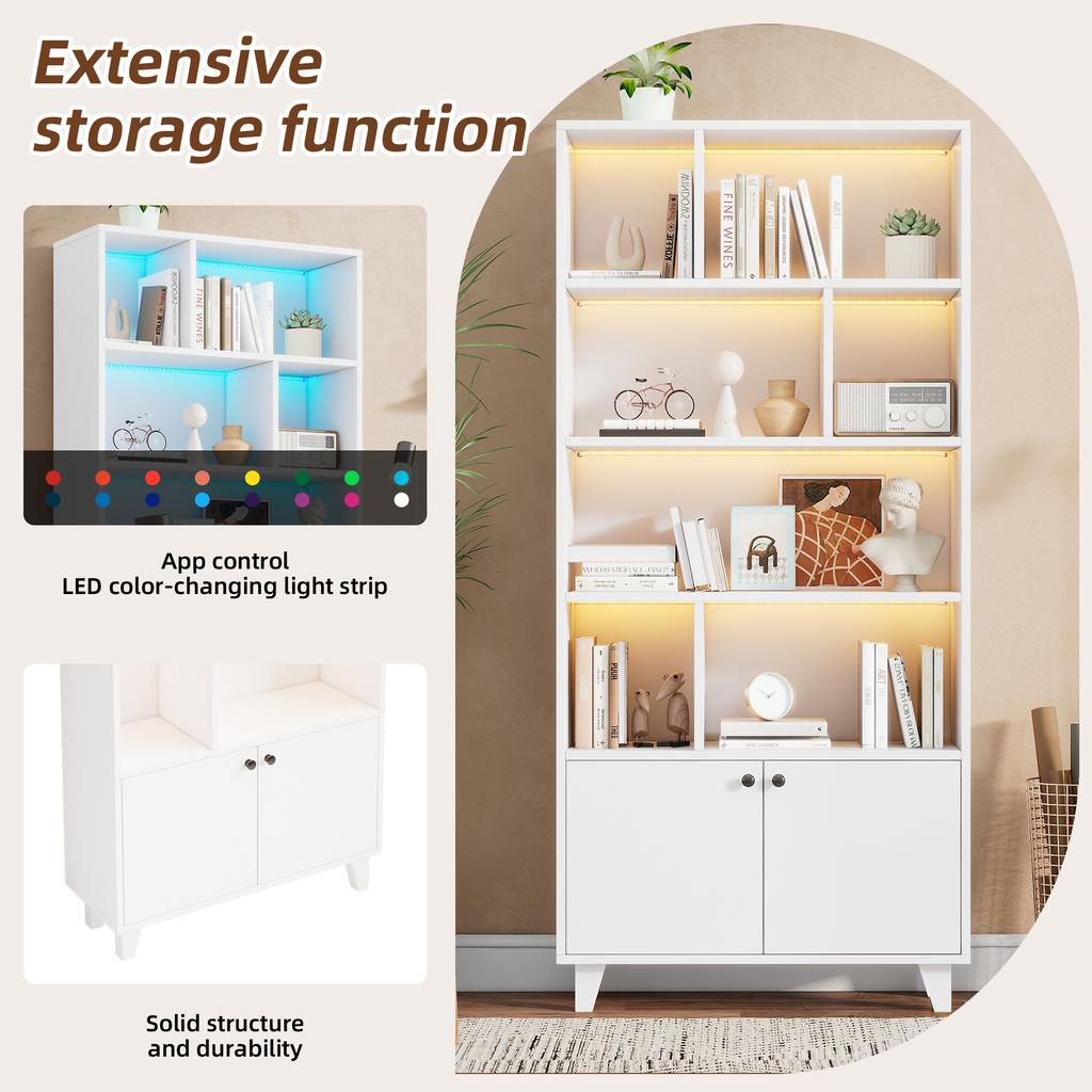 80x30x173cm Bookshelf, Solid Wood Legs, Multiple Storage Compartments, Double Doors, LED Color-Changing Ambient Light, App Control, White