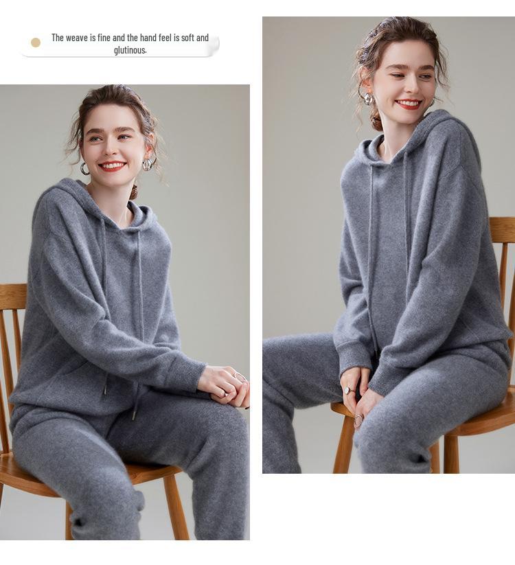Women's Loose Fit Hooded Cashmere Sweater Set - 2026 Autumn/Winter Solid Color Gentle Style Base Layer.