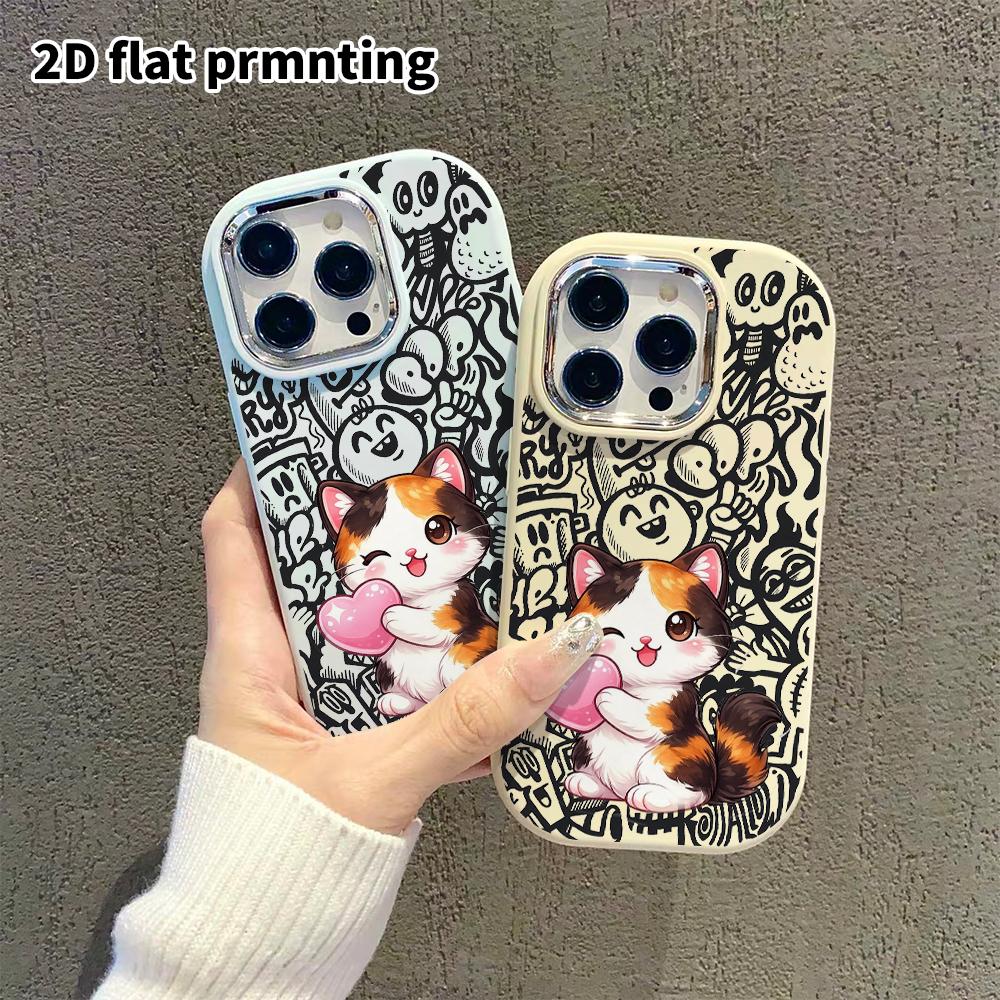 Phone Case: 2D Flat Design Suitable for iPhone 18 17 16 15 14 13 Pro Protective Case, Couple Style, Three-flower Cat, Christmas and Halloween Gift