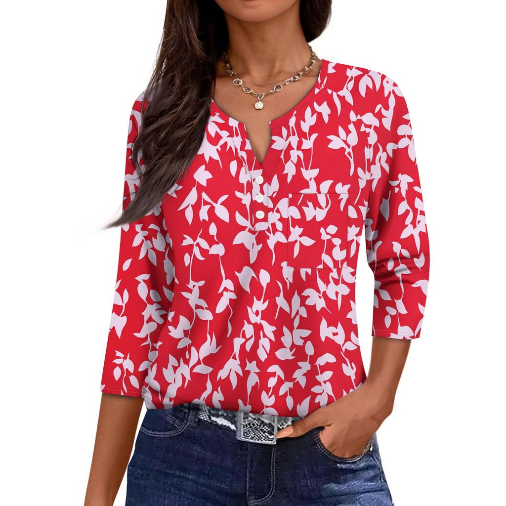 Damska Codzienna Modna Dekolt V Luźna Wszechstronna Kwiatowy Wzór Rękawy Trzyczwarte