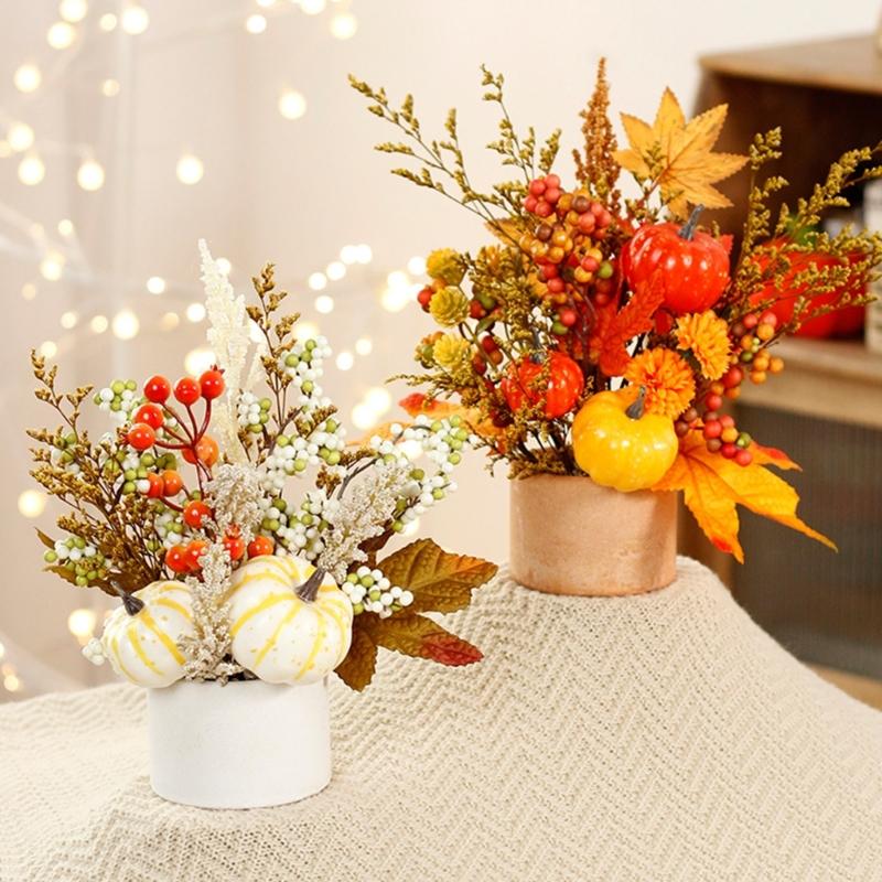 Tabletop Autumn Centerpieces Realistic Pumpkins With Realistic Maple Leaf Arrangement And Wheat Stalks Display