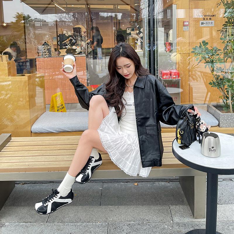 Cowhide Version Zhao Ruth Leather Square Head Zebra Shoes Platform Lace-up Casual Sports Shoes Women's Color Matching