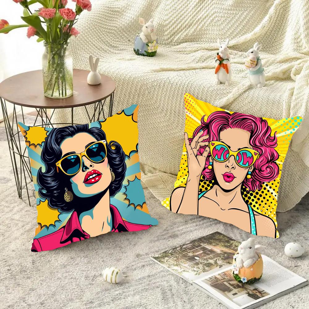 1pc Colorful Pop Art Canvas Comic Woman Pillow Case Square Bedroom Sofa Leisure Comfort Cushion Car Living Room Home Decoration