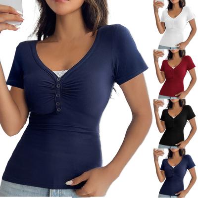 Women's Loose Casual Solid Color Slim Fit Lace Patchwork V-neck Short Sleeved Top