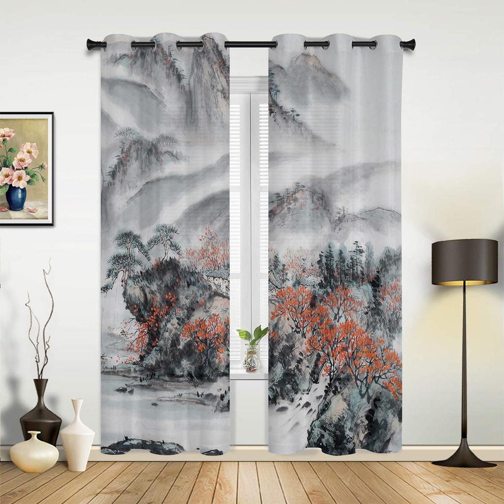 Gardiner med landskapsmålning i kinesisk stil för sovrum, vardagsrum, draperier, kök, barnrum, fönstergardin, heminredning