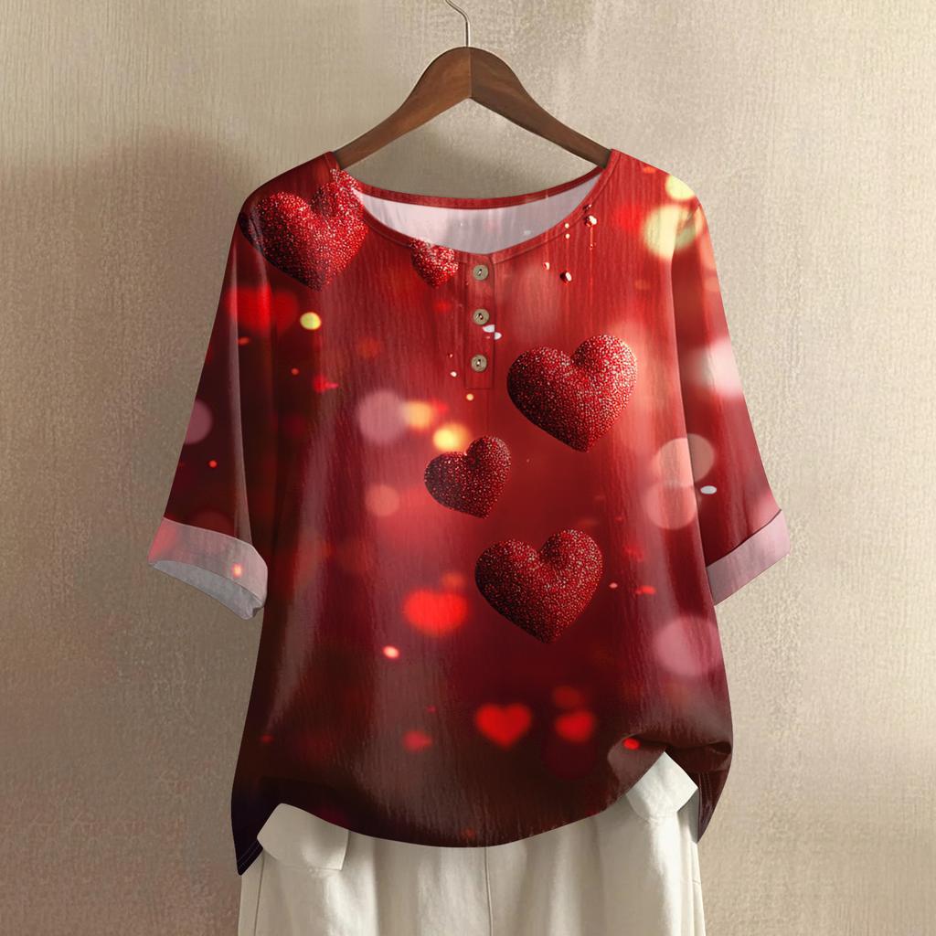 Damska koszulka z nadrukiem na Walentynki, casualowa, z krótkim rękawem, okrągłym dekoltem, z bawełny i lnu