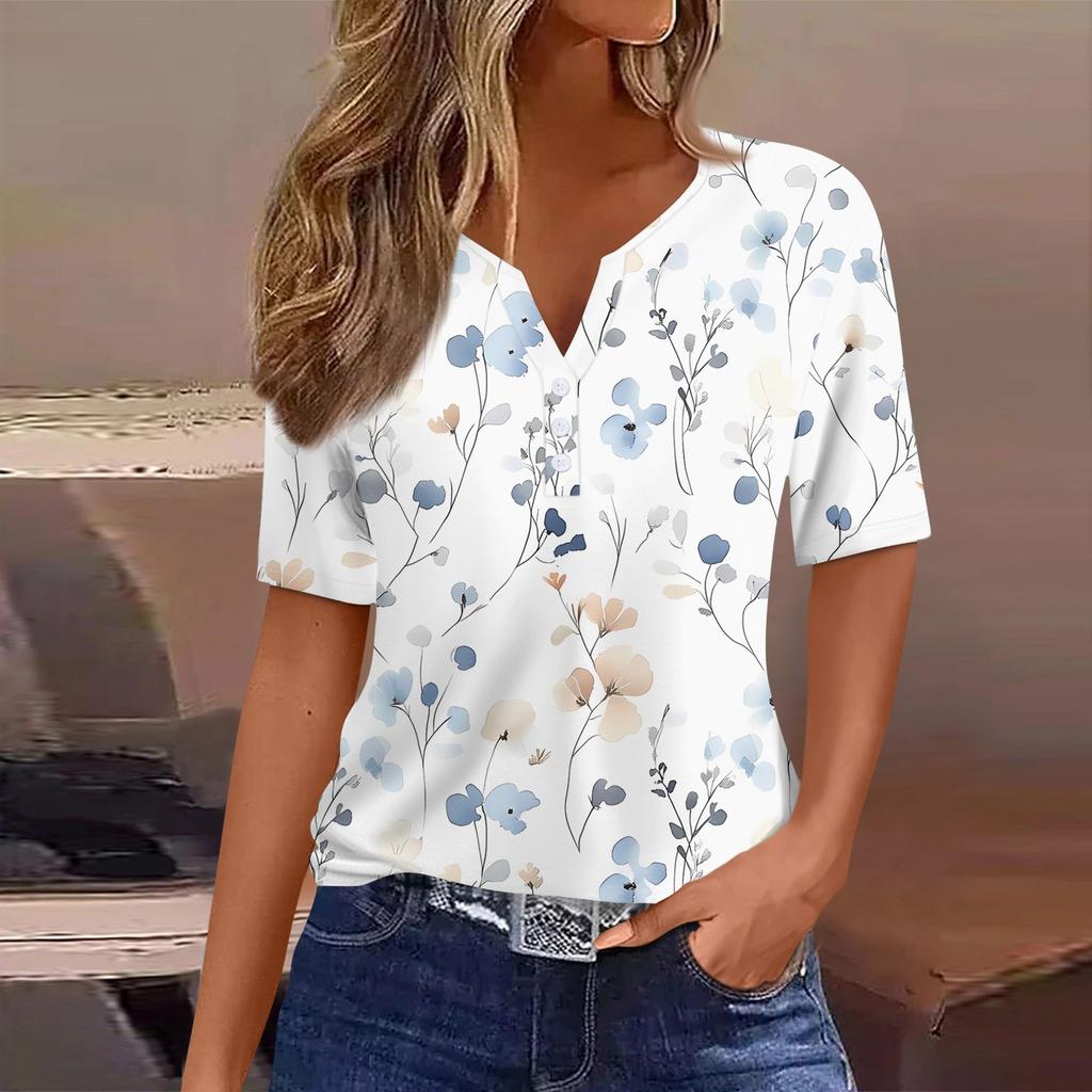 Women's T Shirt Print Button Short Sleeve Daily Weekend Fashion Basic V- Neck Regular Top