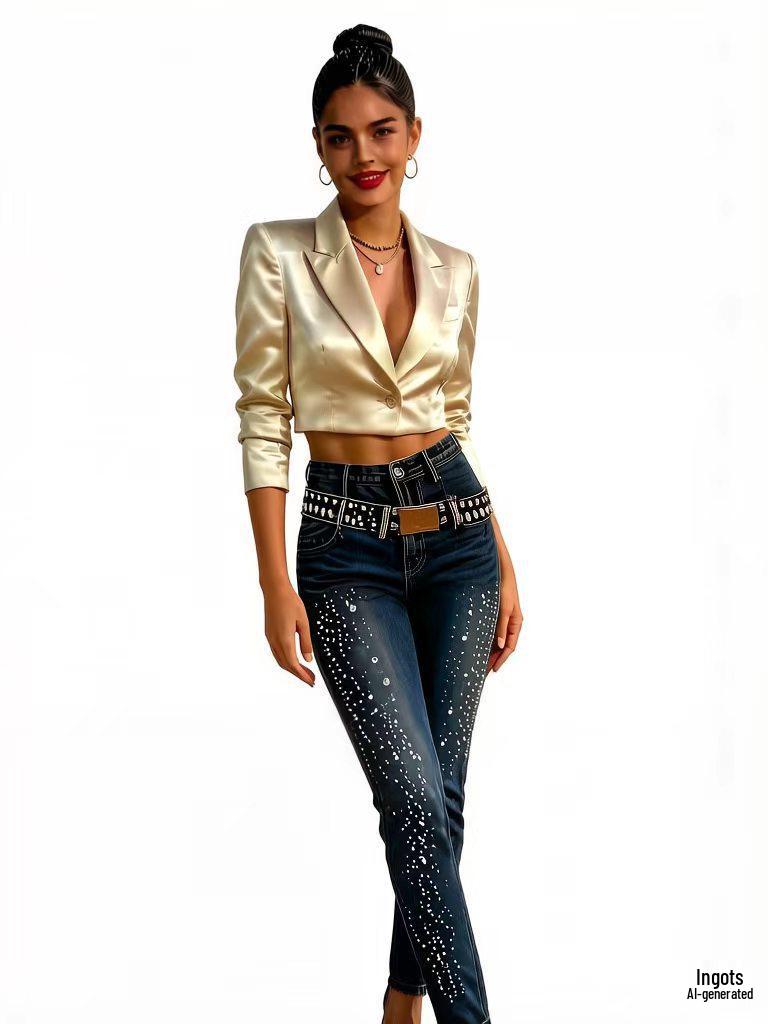 Spring/Summer 2026 Women's High-Waisted Rhinestone Straight-Leg Denim Jeans (Slimming)