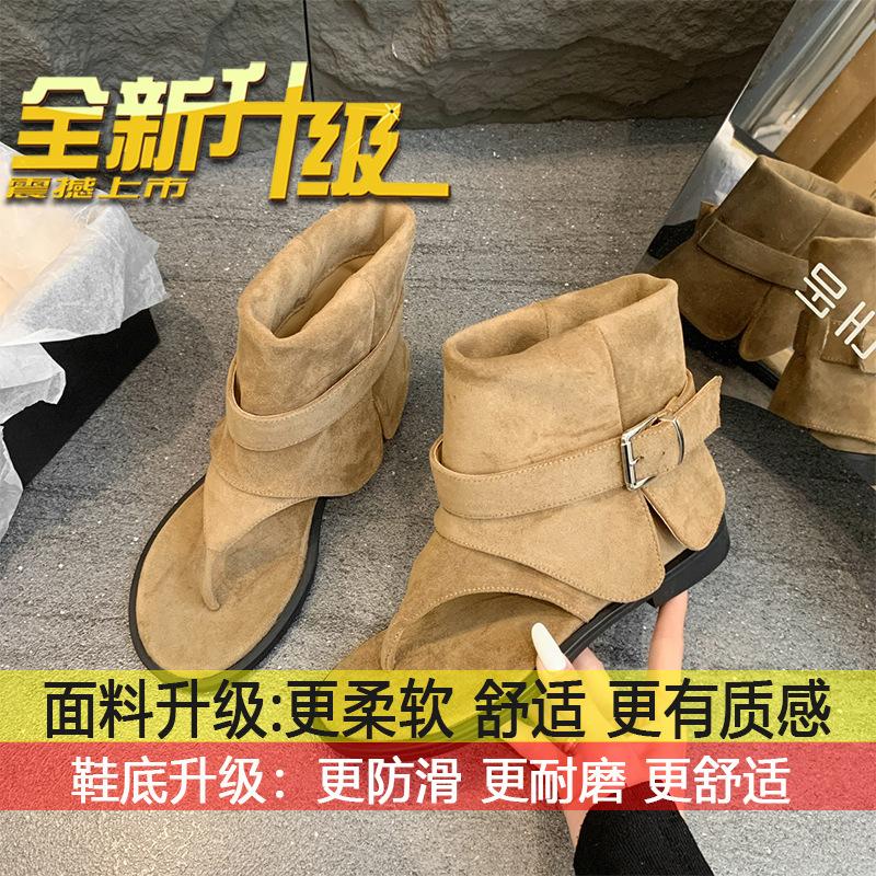 

French toe cool boots women s outer wear 2025 summer new Roman cool boots sleeve pants short boots flat bottom stacking boots 35
