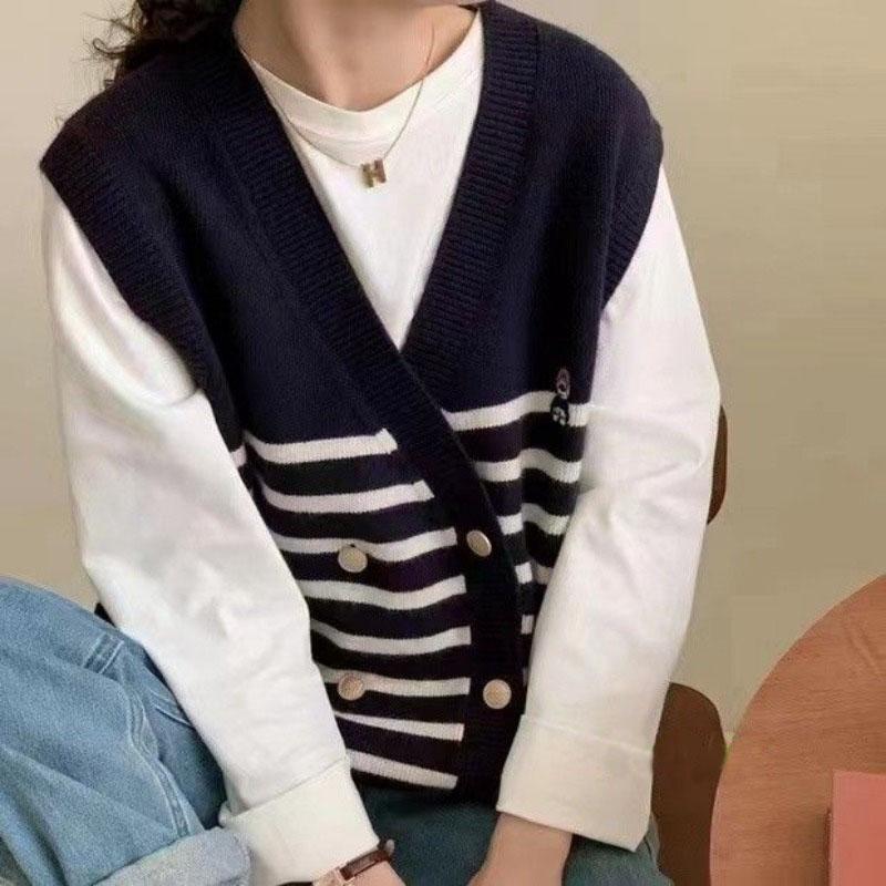 V-neck Double Breasted Heavy Work Embroidery Sweater Vest Spring and Autumn Stacked Color Matching Striped Vest Cardigan Female