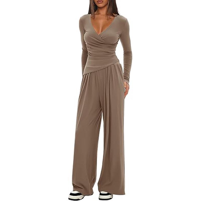 2-Piece Solid Color V-Neck Casual Set with Long Sleeve Top & Wide Leg Pants