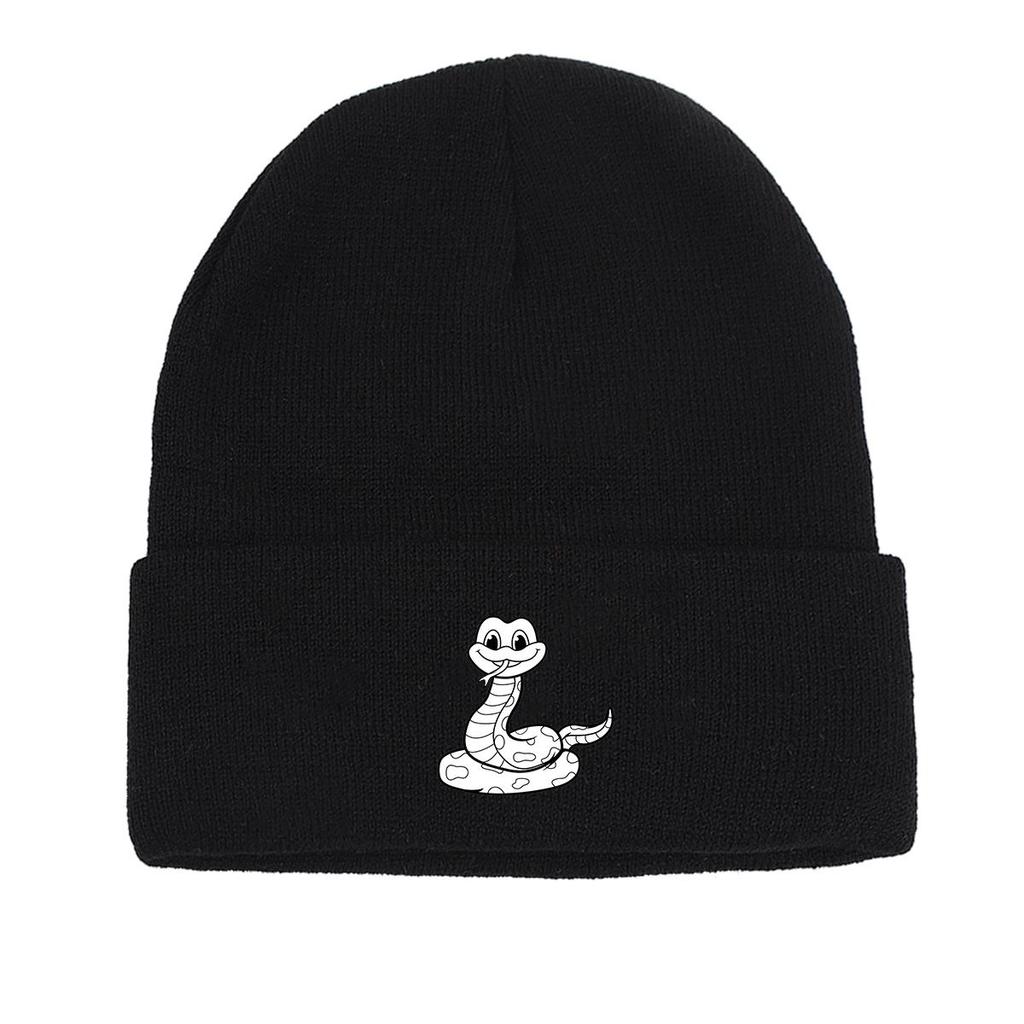 Black White Snake Print Knit Hat Beanie, Animal Man Cap Versatile Stretchy Solid Bobble Hat Knitted Cap Beanie