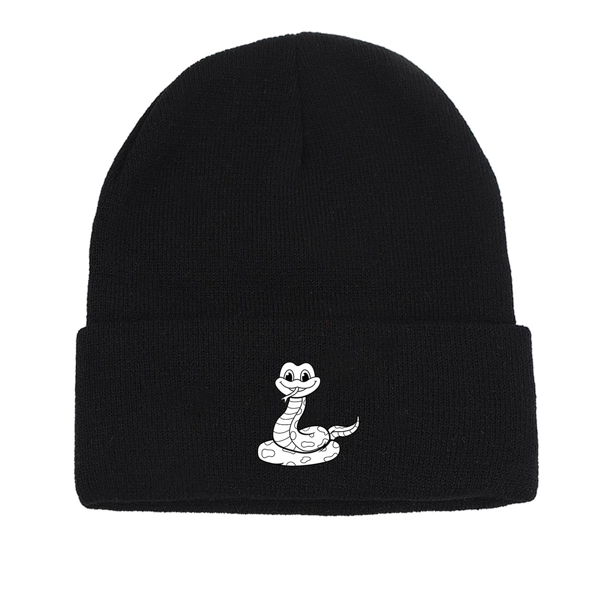

Black White Snake Print Knit Hat Beanie, Animal Man Cap Versatile Stretchy Solid Bobble Hat Knitted Cap Beanie as the picture чёрный