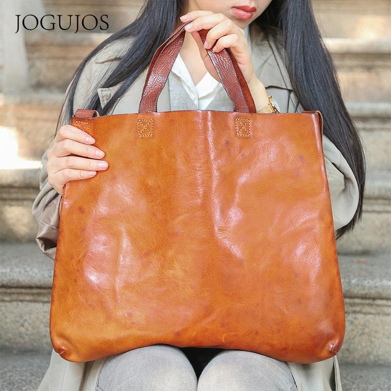 New leather women's bag vegetable tanned cowhide commuter large capacity tote bag shoulder bag women's retro handbag