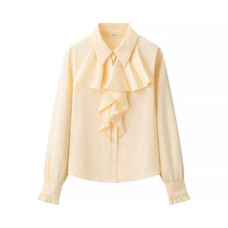 

Kaslead Новая женская одежда Западный стиль Мода Шелковистая атласная текстура С оборками Рубашки с длинным рукавом Yellow L