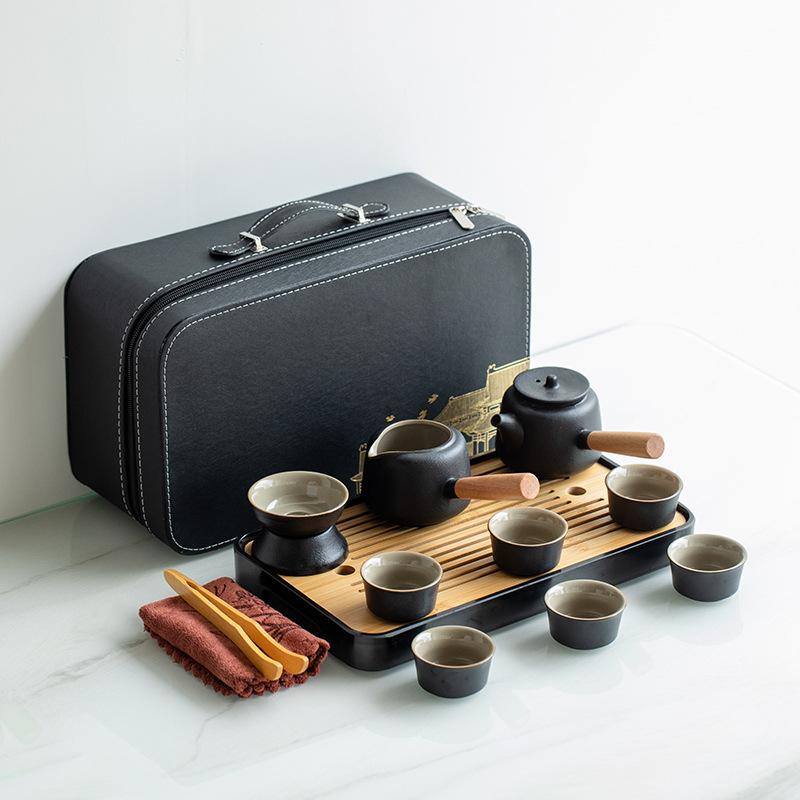 Japanese travel kung fu tea set small set household simple teapot ceramic teacup outdoor tea tray portable bag