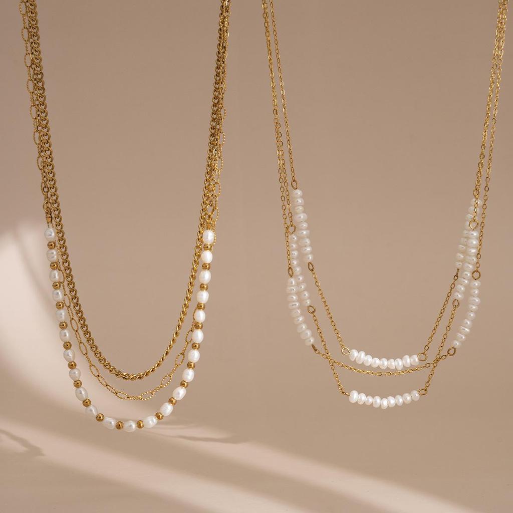 18K Gold European Pearl Necklace: Multi-Layer Titanium Steel Sweater Chain with Natural Pearls